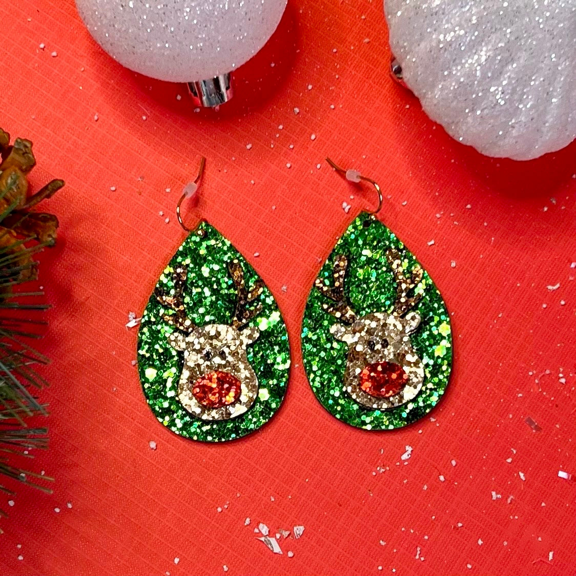 Glitter Reindeer Earrings (green)