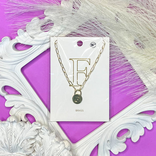 Gold Lock Initial Necklace (F)
