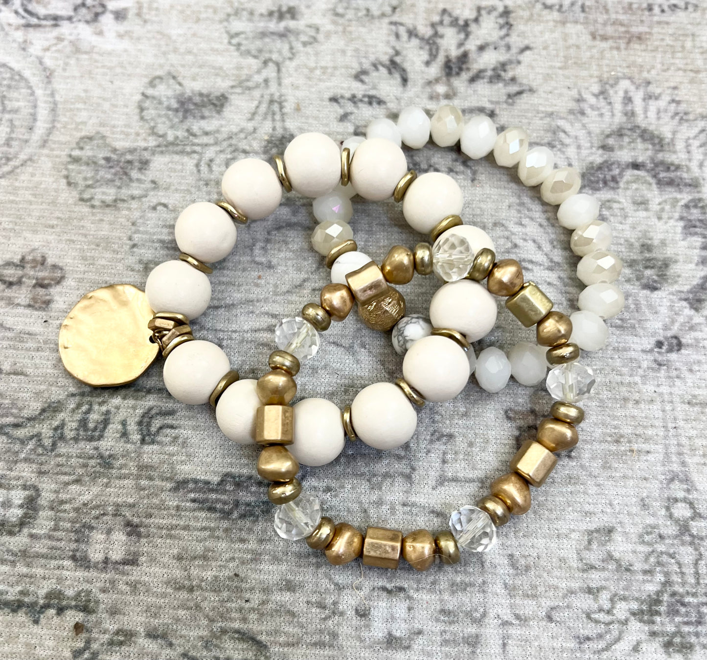 Chunky Wooden Cream and Gold Beaded Bracelet Stack