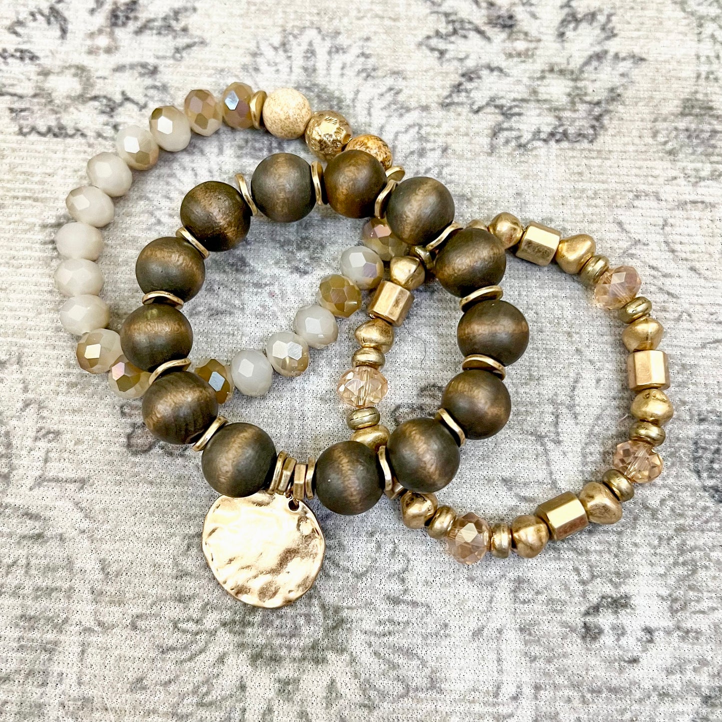 Chunky Wooden, Gold and Cream Beaded Bracelet Stack