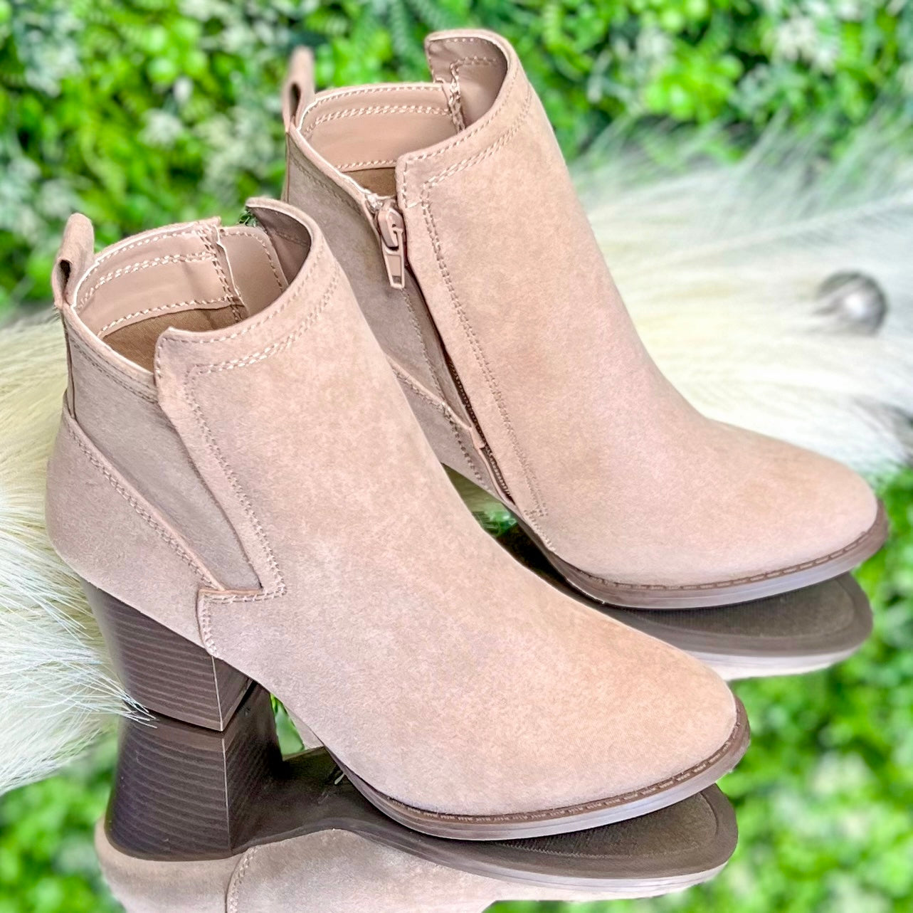 Taupe Suede Stacked Chunky Heel Booties