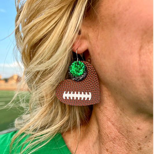 School Spirit Football Hearts Earrings (green)