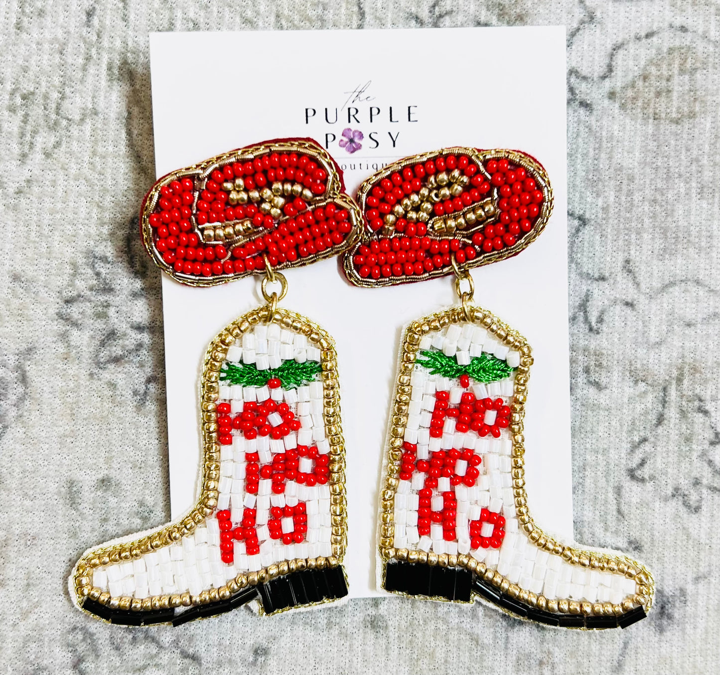 Beaded Christmas Boot Earrings (White)