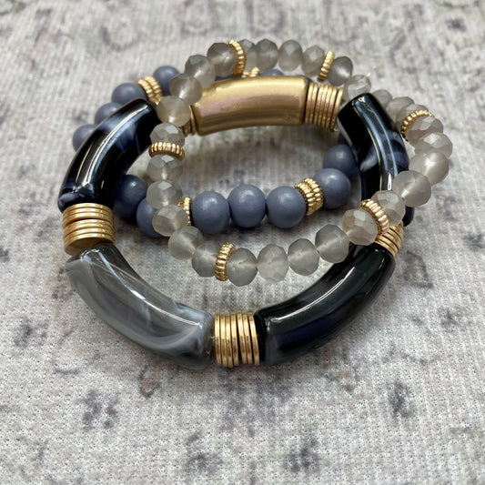 Grey and Gold Bamboo and Beaded Bracelet Stack