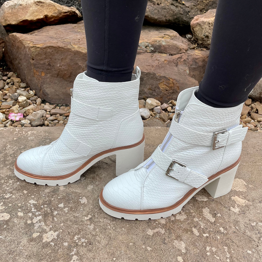 White Chunky Heel Boots w/ Strap
