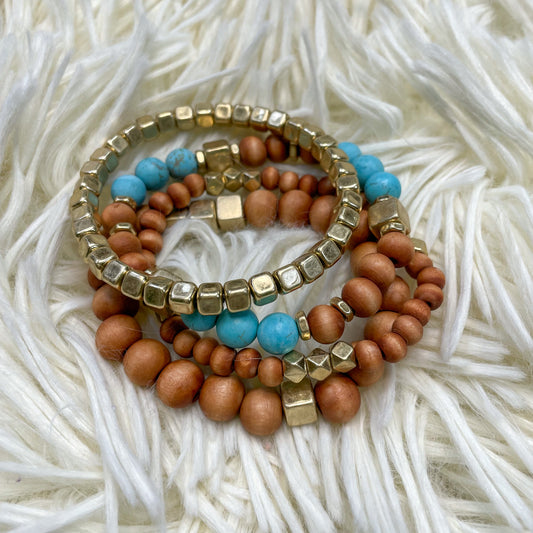 Wooden and Bead Bracelet Stack (Turquoise)