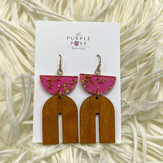 Wooden Rainbow Earrings (Pink/Gold)