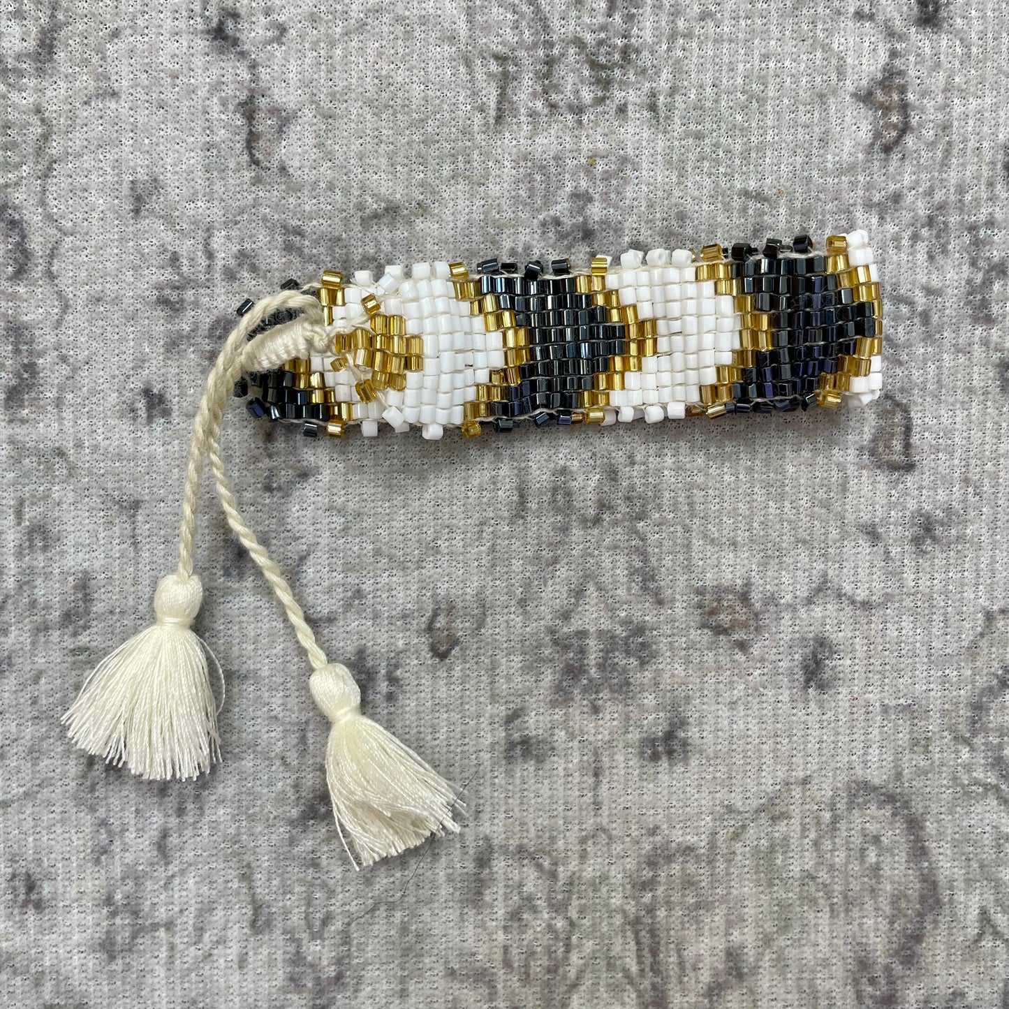 White, Navy, and Gold Beaded Aztec Bracelet