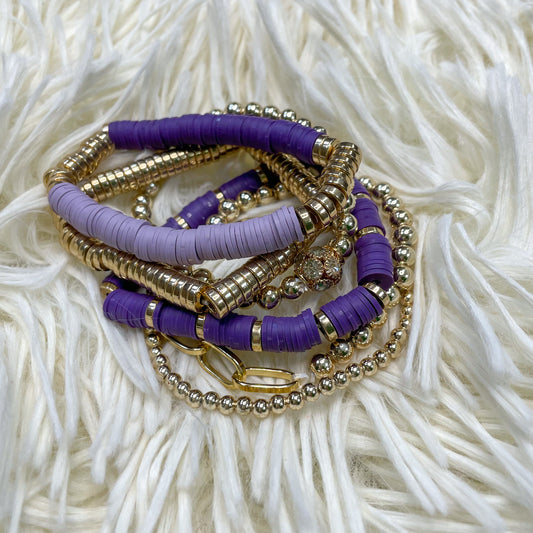 Clay Bead Bracelet Stack (Gold/Purple)