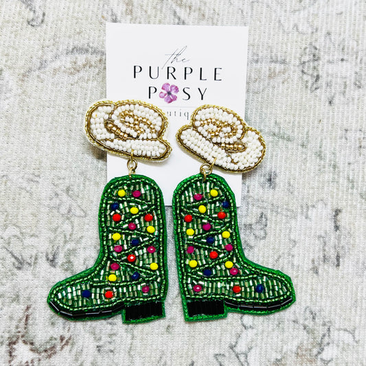 Beaded Christmas Boot Earrings (Green)