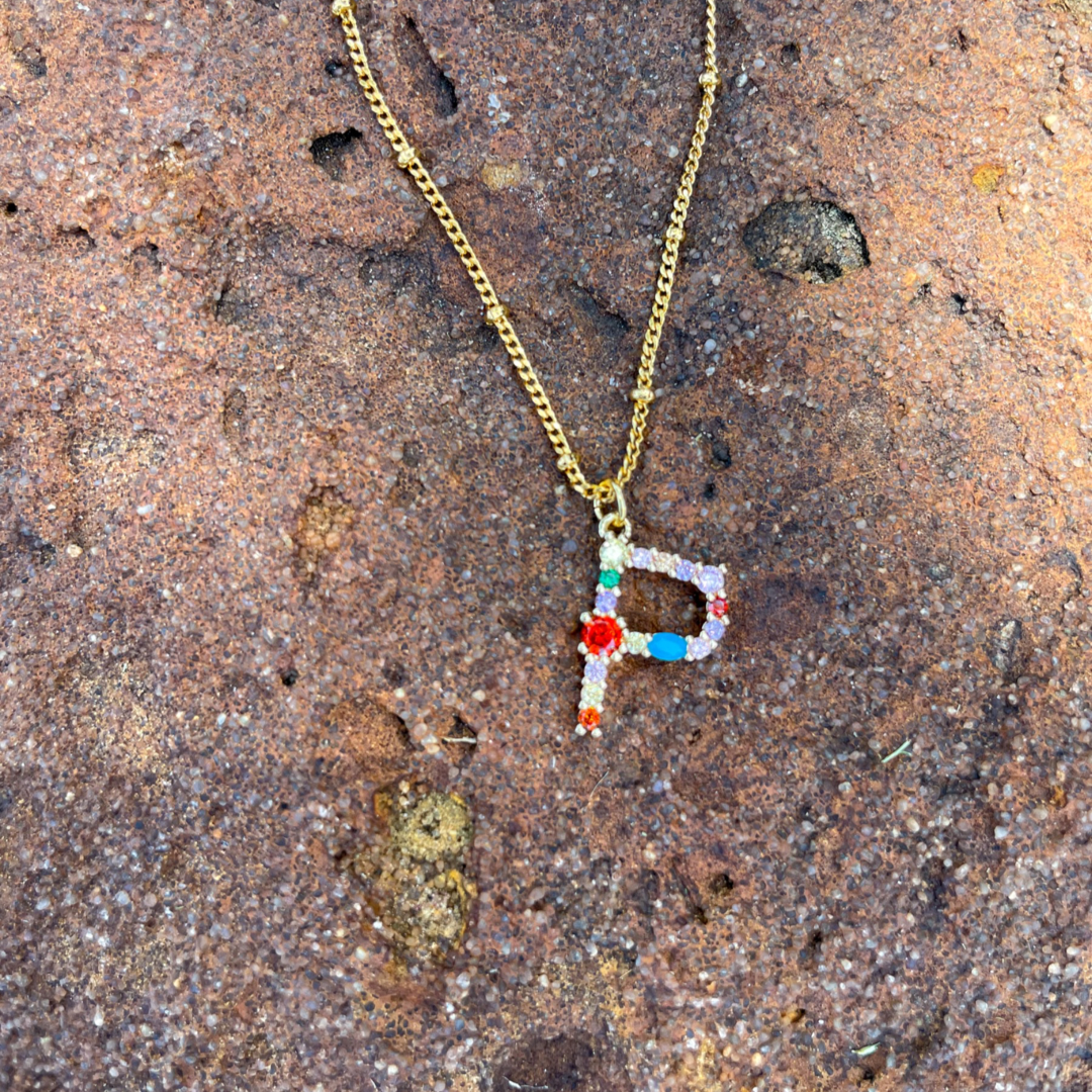 Initial Necklace (multi-colored gemstone) - P